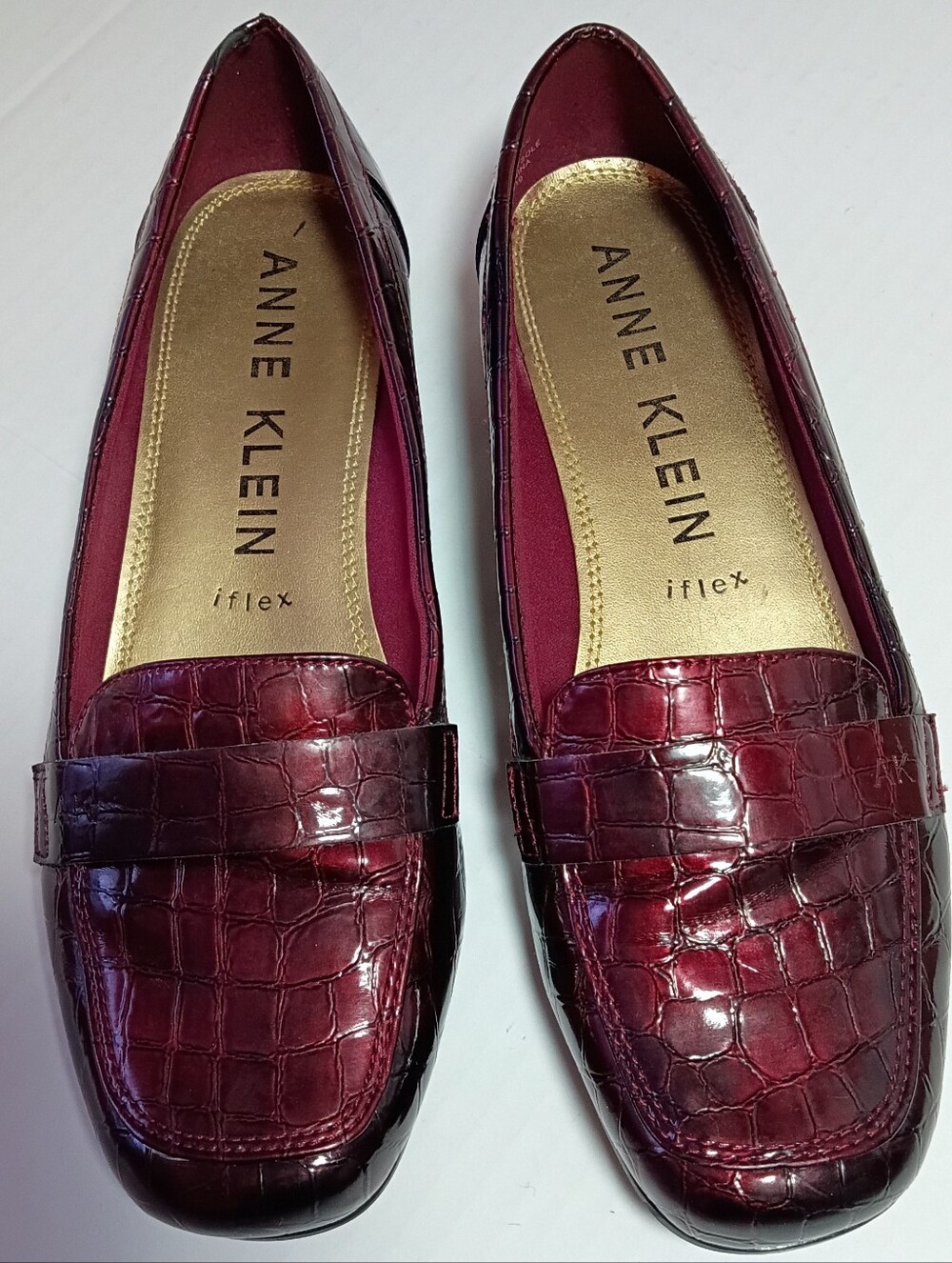Anne Klein Croc-Embossed Burgundy Slip On Loafers